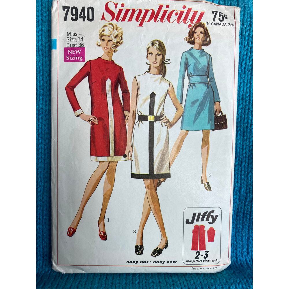 Simplicity 7940 Sewing pattern shift dress 1960s size 14 bust 36